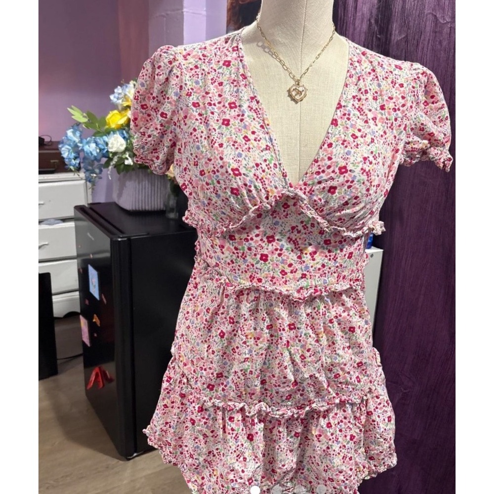 Influence Floral Mini Dress Pink Ditsy Puff Sleeve Tiered Ruffle Cotton Size 4